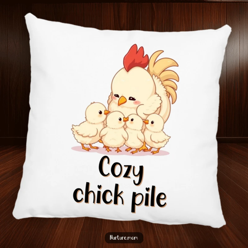 Funny mother hen pillow featuring a loving hen with her fluffy chicks, a soft, humorous, and adorable decorative accent.