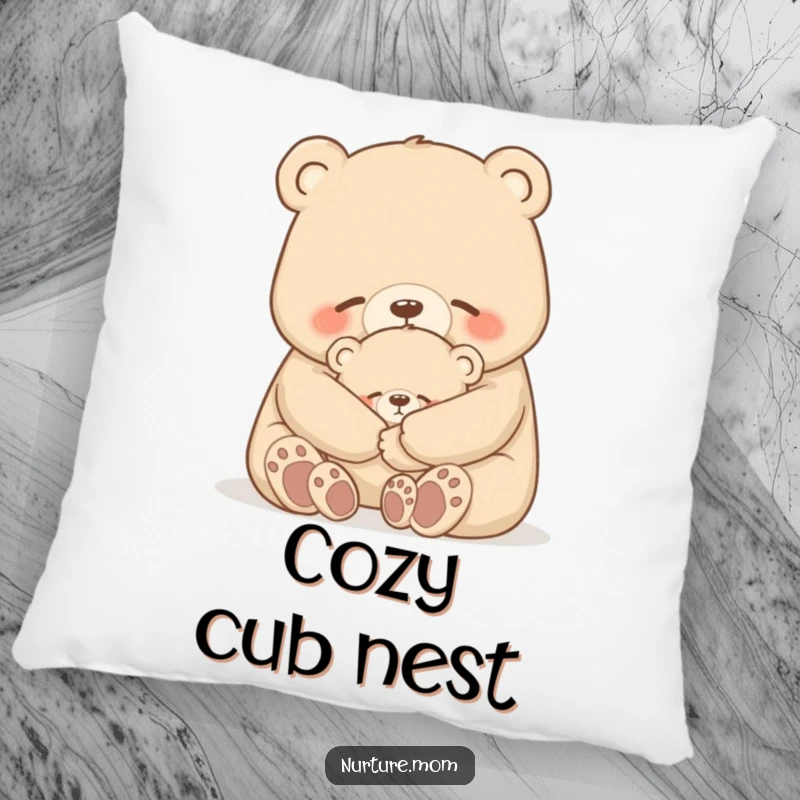 Funny bear pillow featuring a mother bear gently hugging her tiny cub, adding humor and coziness to any space.