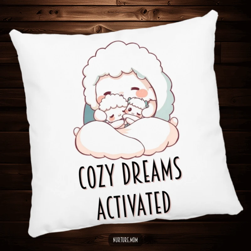 Funny pillow with a fluffy creature tucking a tiny one into a cozy bed, adding a touch of nurturing humor.