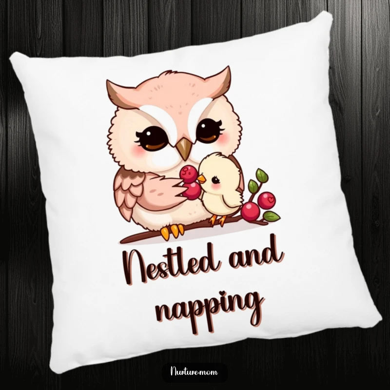 Funny kawaii owl mom gently feeding a tiny chick a berry, depicted as a soft and comforting decorative pillow.