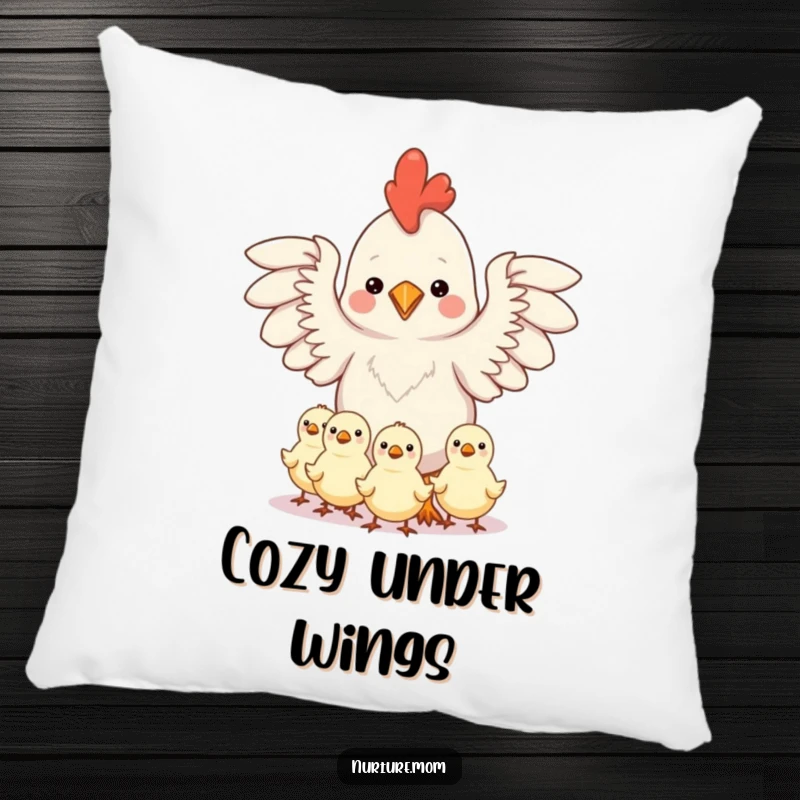 Funny decorative pillow with a kawaii chicken mom protecting chicks under her outstretched wings, symbolizing gentle care.