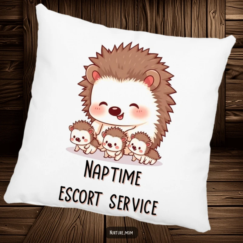 Funny hedgehog pillow featuring a mother guiding her tiny siblings, a soft and humorous decorative accent for sofas and beds.