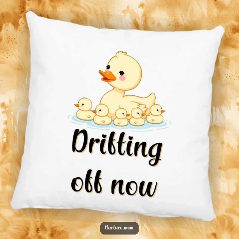 Funny kawaii mama duck and her ducklings illustration, perfect for a cozy and humorous decorative pillow.
