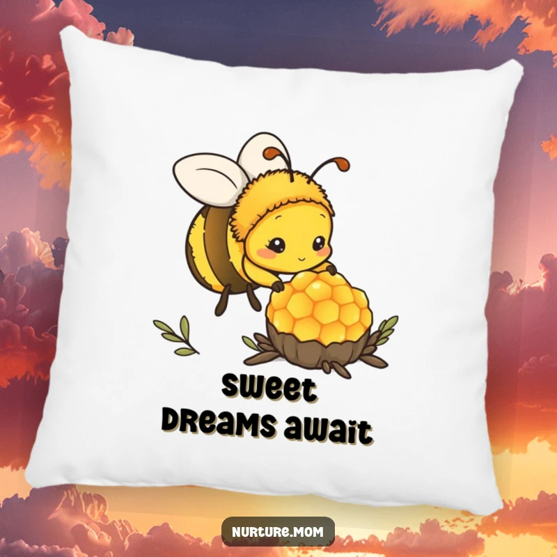 Funny kawaii mother bee tending to her honeycomb, perfect for a cozy and humorous decorative pillow.