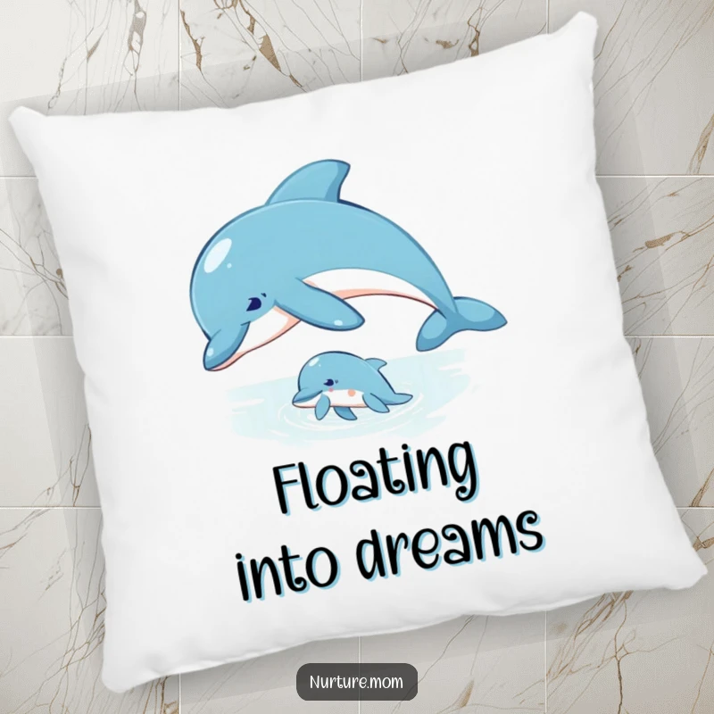 Pillow showcasing a mother dolphin guiding her calf through the water, symbolizing peace and guidance.