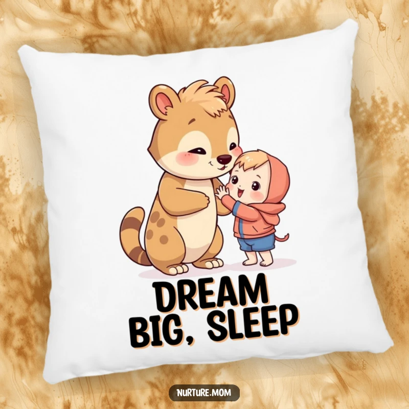 Funny animal teaching a small creature to reach, offering comfort and inspiration on a pillow.