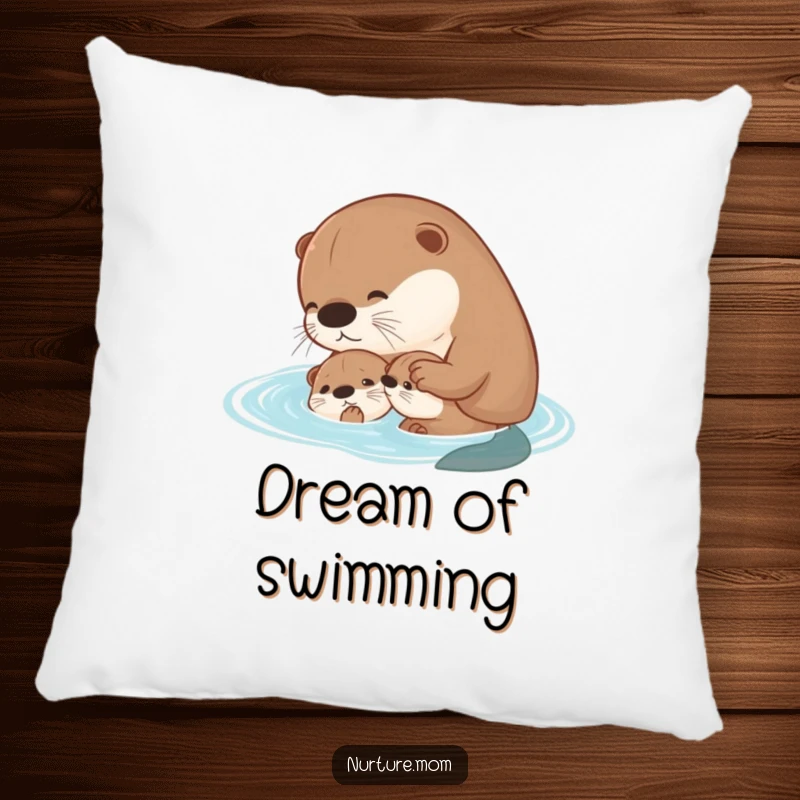 Funny kawaii mother otter teaching her pup to swim on a soft pillow, perfect for comfort.