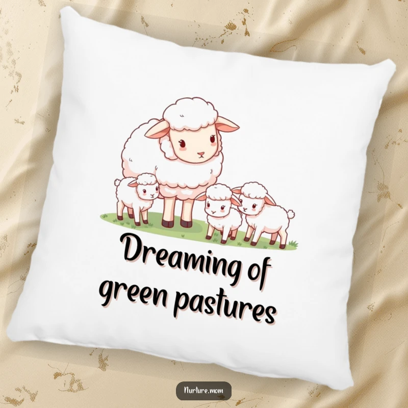 Funny gentle mother sheep watching her grazing lambs, soft pillow, cute nursery decor or gift.