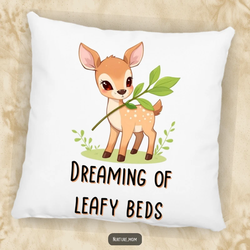 Funny Deer Pillow with a small deer offering a leafy branch, providing soft comfort and humorous natural vibes.
