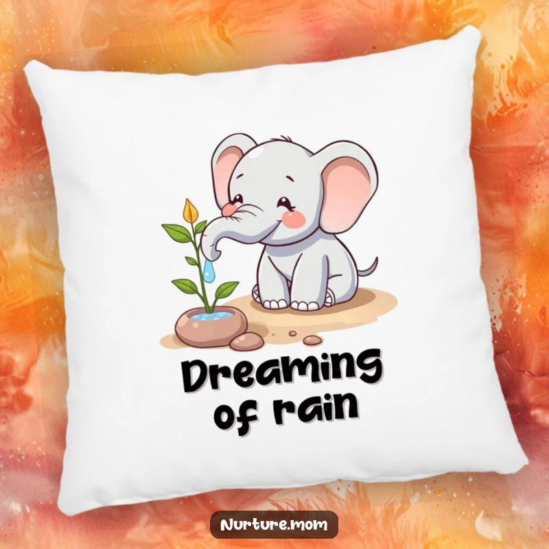 Funny pillow with a happy elephant character using its trunk to water a plant, a humorous and soft decoration for a green space.