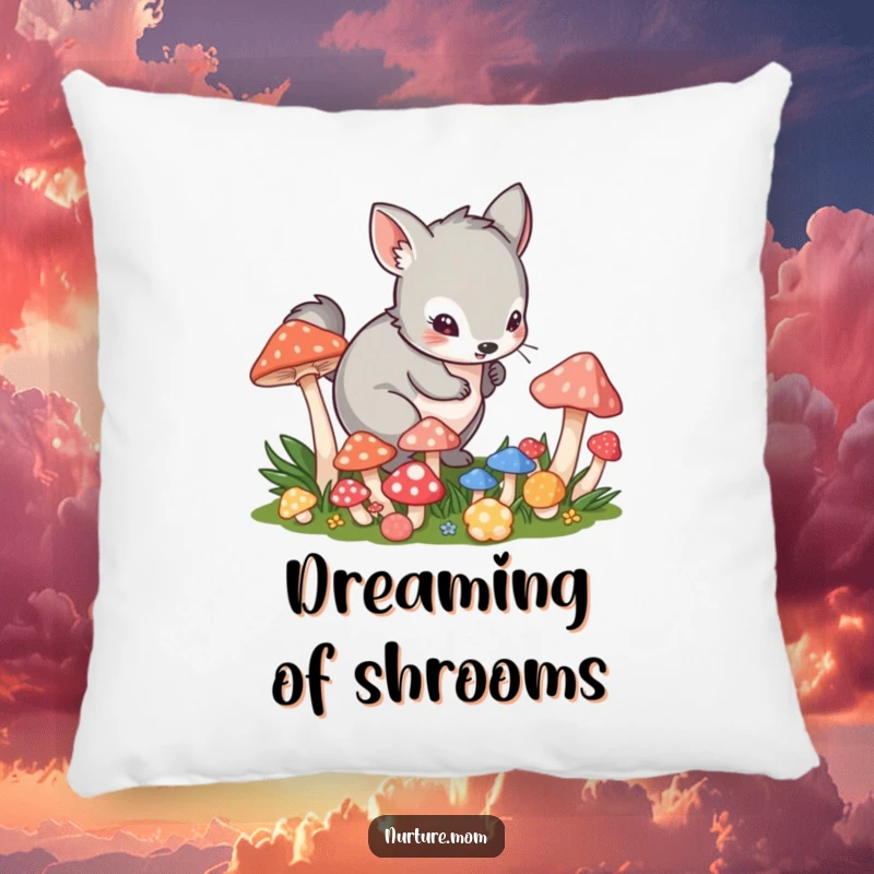 Funny pillow featuring a small animal in a playful crouch tending to vibrant mushrooms, promoting comfort and fun.