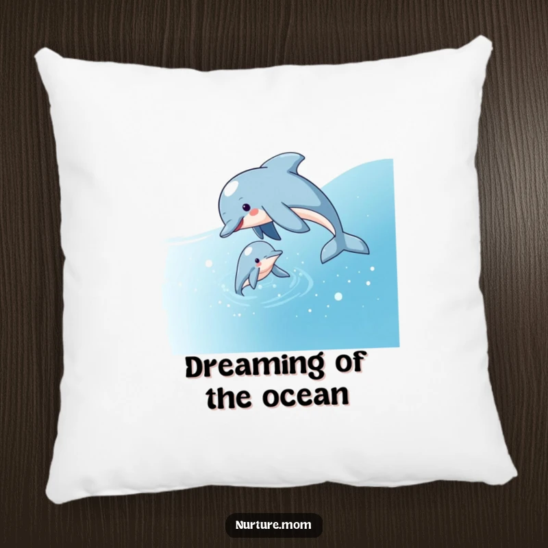 Funny pillow with a playful dolphin mom guiding her calf through sparkling water, offering comfort and a sense of aquatic peace.