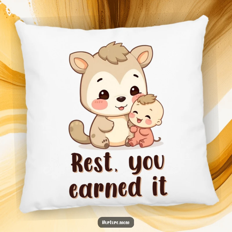 Funny animal's encouraging look towards a small child, offering comfort on a soft pillow.