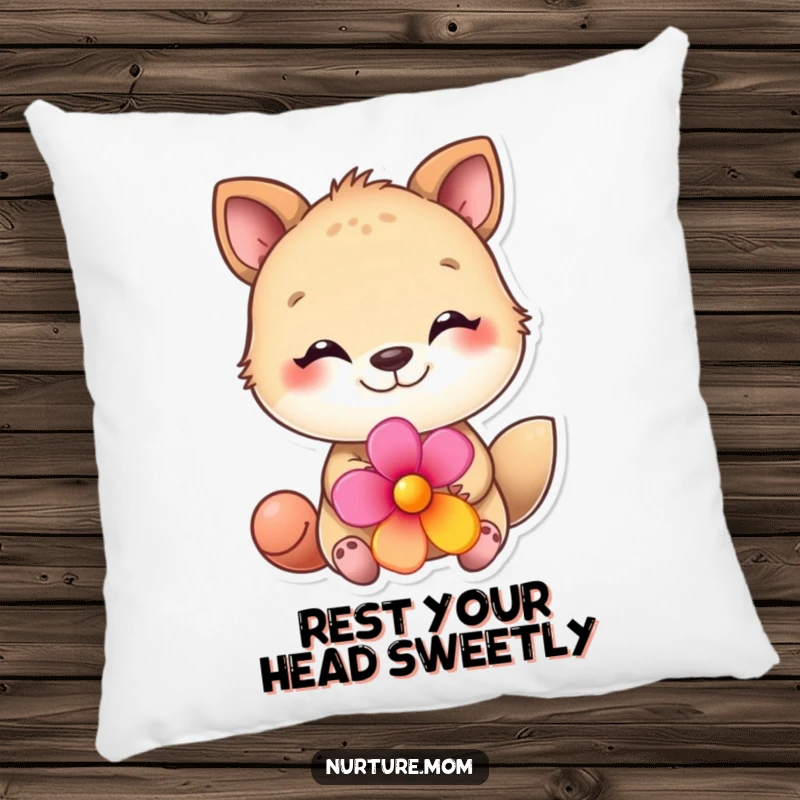 Funny animal pillow featuring a loving creature holding a bright flower, offering comfort and humor for any cozy space.