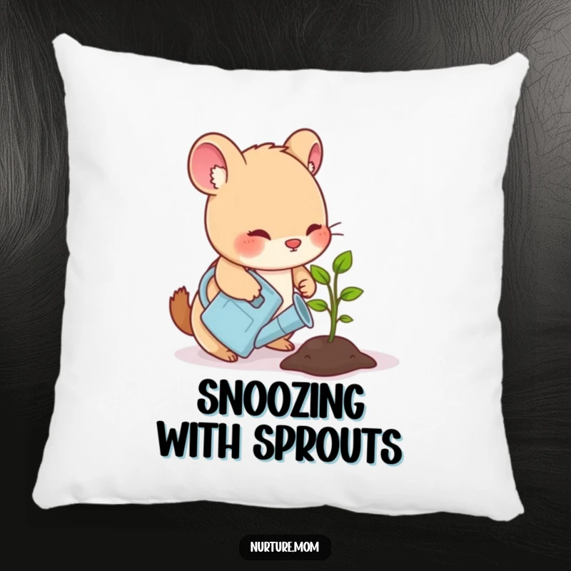 Funny pillow with a small animal gently watering a sprouting seedling with a watering can, adding comfort and nature vibes.