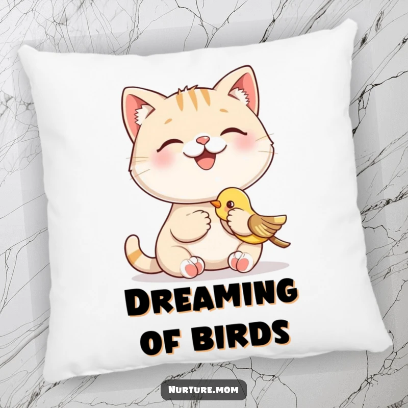 Funny pillow with a smiling cat character happily feeding a baby bird, a humorous and soft decoration for a cozy space.