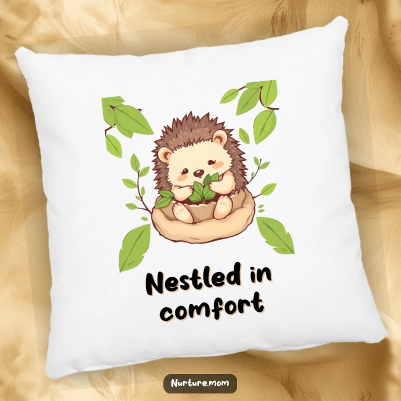 Funny! Plush pillow showcasing a gentle hedgehog mom character creating a cozy nest of leaves, designed for comfort and adorable humor.