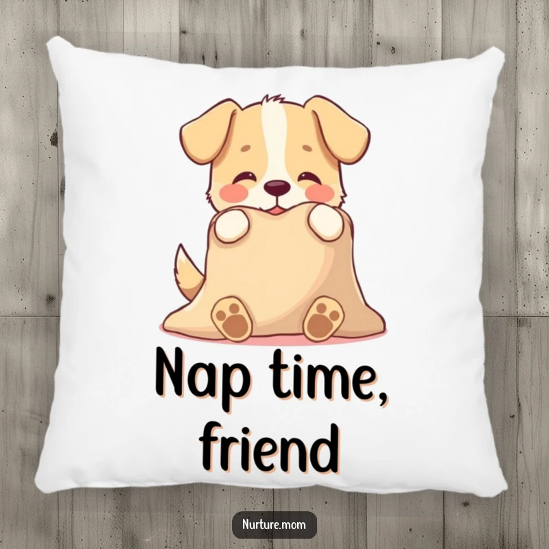 Funny pillow with a playful dog character tenderly offering a warm blanket, a humorous and soft decoration for ultimate comfort.