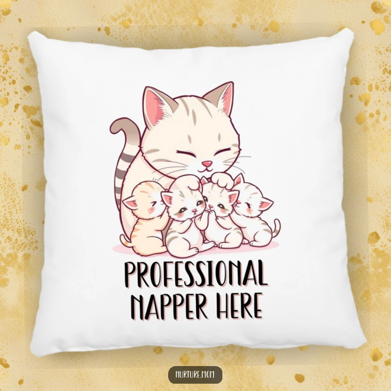 Funny Mother Cat Pillow: Soft cushion featuring a mother cat grooming her playful kittens, perfect for cat lovers.