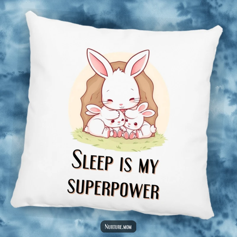 Funny Mother Rabbit Pillow: Soft cushion featuring a mother rabbit tucking her babies into a burrow, perfect for nurseries.