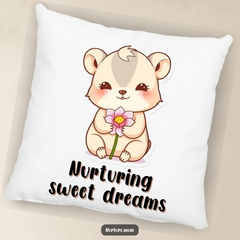 Funny pillow featuring a small animal gently cradling a delicate flower bud with a nurturing gesture, promoting comfort.