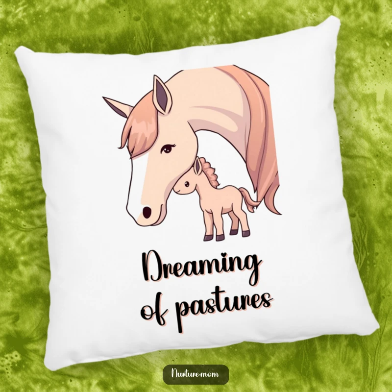 Pillow showcasing a mother horse gently nudging her foal, symbolizing softness and maternal affection.