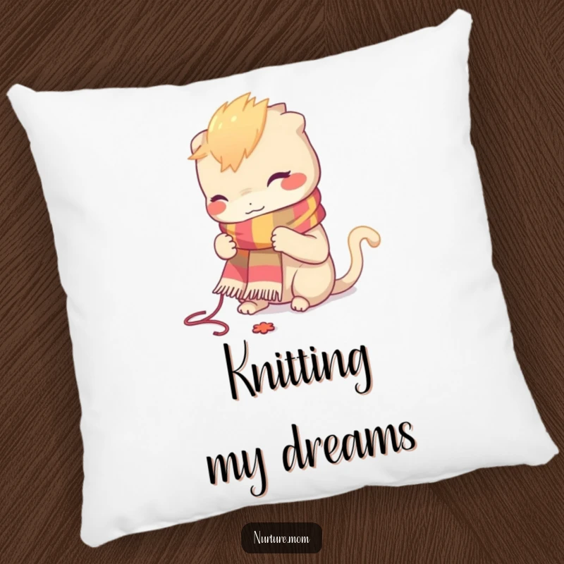 Funny pillow with a creature knitting a small, colorful scarf, adding a cozy, humorous touch to any room.
