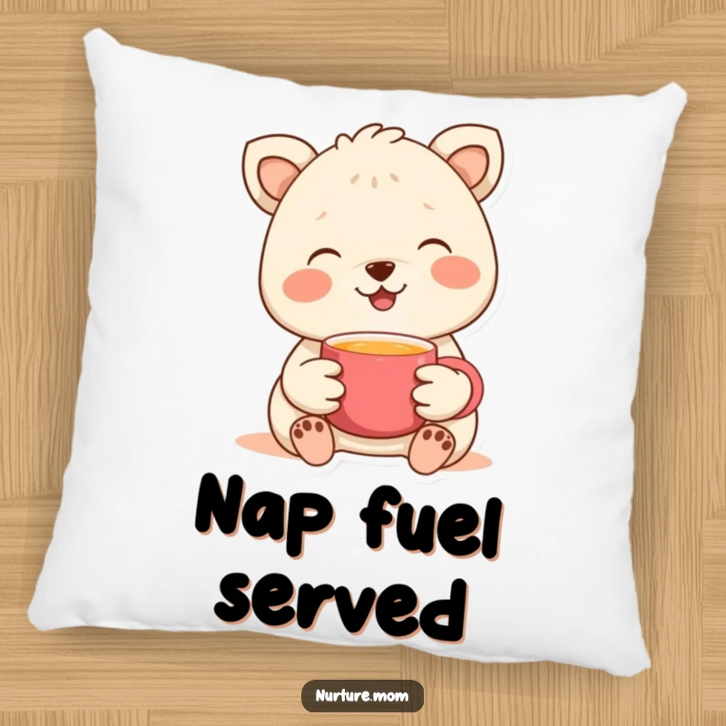 Funny pillow with a gentle animal offering a warm cup, adding a cozy and humorous touch to seating areas.