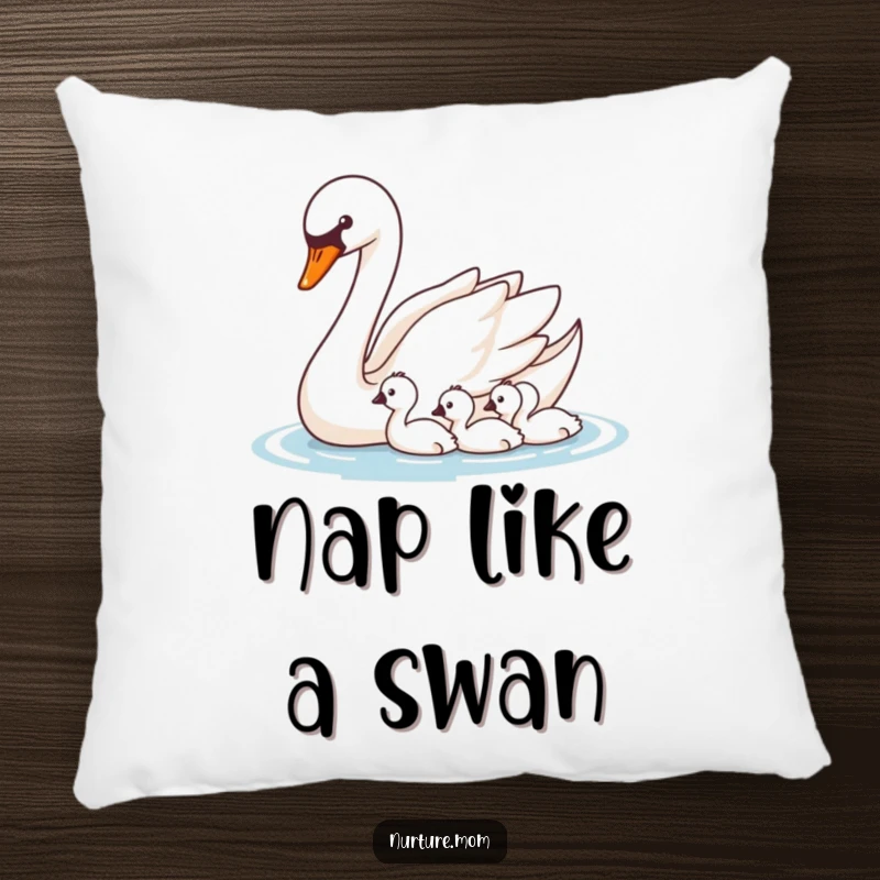 Funny Swan Pillow: Elegant cushion featuring a mother swan guiding her cygnets, perfect for cozy relaxation.