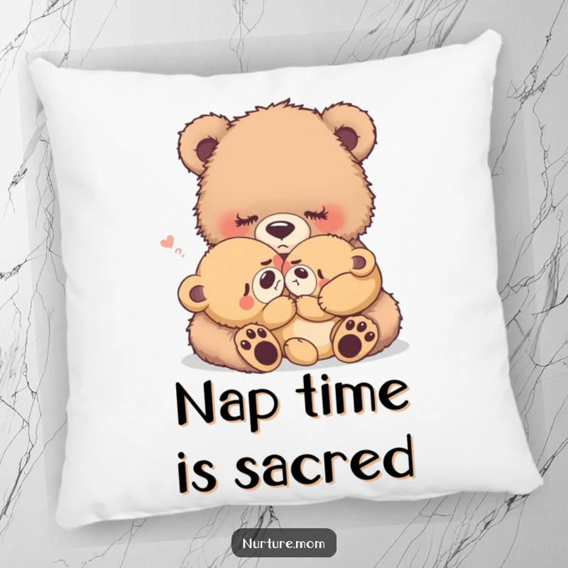 Funny fuzzy bear mother rocking a crying baby bear, soft pillow, heartwarming nursery decor or gift.