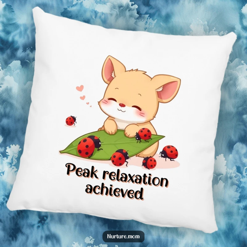 Funny pillow featuring a small animal sighing contentedly while watching ladybugs crawl on a leaf, promoting relaxation.