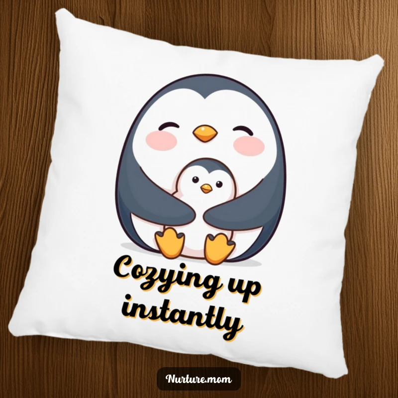 Pillow showcasing a mother penguin holding her chick close for warmth, symbolizing comfort and affection.