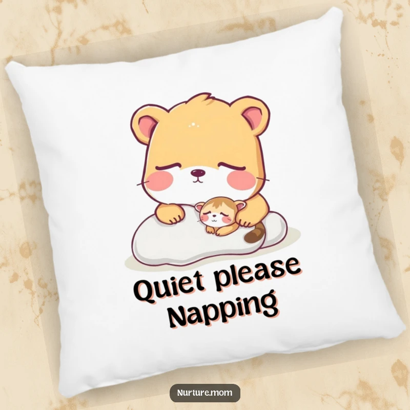 Funny pillow showing a large, soft animal watching a tiny creature sleeping soundly.