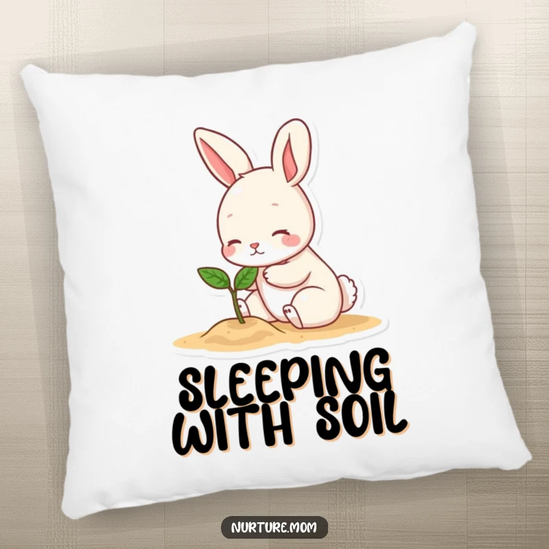 Funny pillow with a small bunny character gently patting a tiny sprout, a humorous and soft decoration for a cozy space.