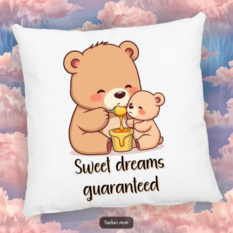 Funny Mama Bear Pillow: Soft and cozy cushion featuring a mother bear feeding honey to her cub, ideal for nurseries.