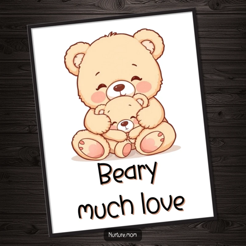 Funny teddy bear mom digital art print, gently tucking in her sleepy baby bear, ideal for instant, heartwarming decor.