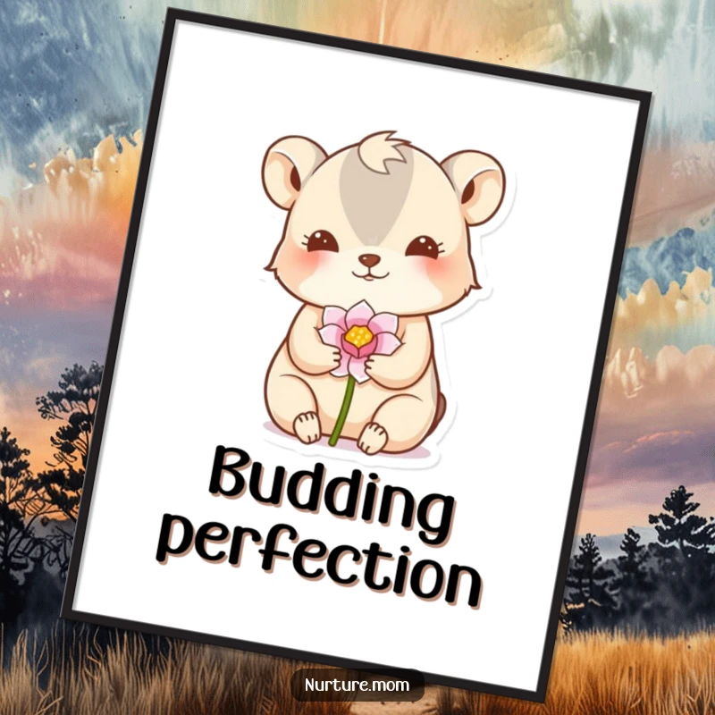 Funny digital art print of a small animal gently cradling a delicate flower bud in a nurturing gesture, symbolizing care.