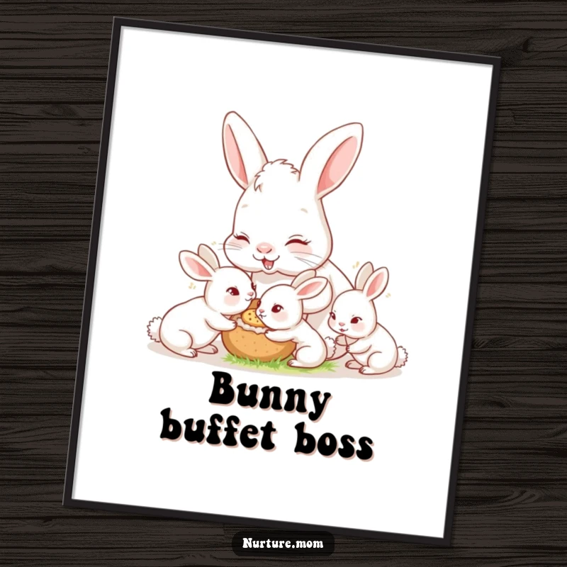 Funny nurturing mother rabbit feeding baby bunnies, instant download wall art, cute nursery decor.