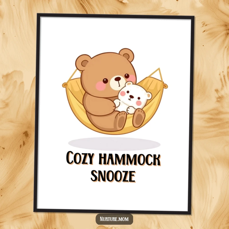 Funny kawaii bear mom rocking a baby animal in a cozy hammock, rendered as a heartwarming and delicate digital art print.