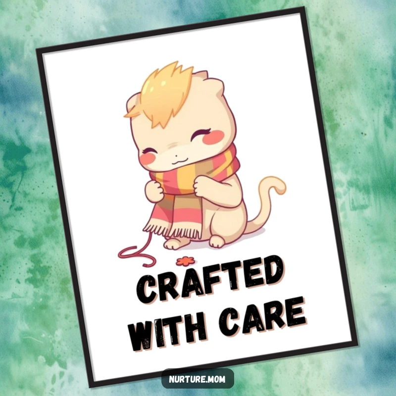 Funny digital art print of a creature knitting a small, colorful scarf with intense focus, perfect for craft lovers.