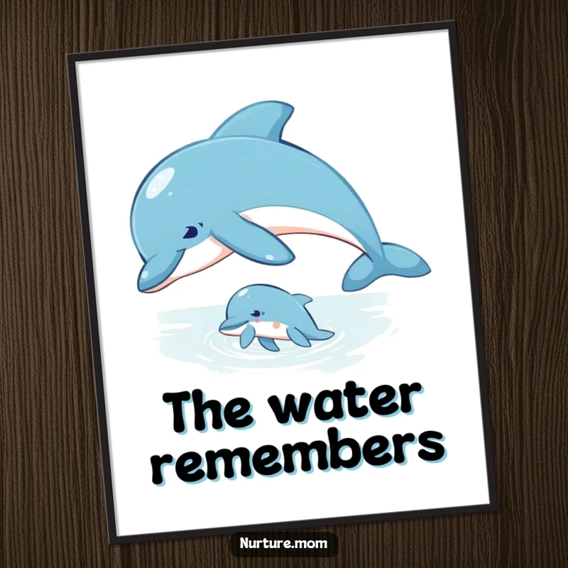 Digital Art Print of a mother dolphin guiding her young calf through the ocean water.