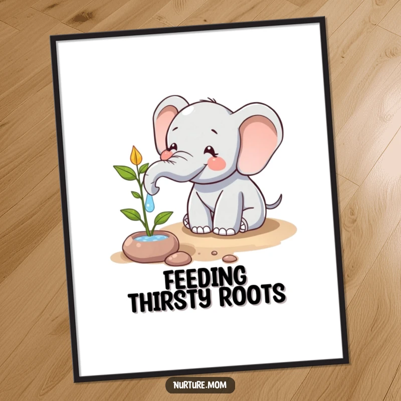 Funny digital art print of a happy elephant character using its trunk to water a plant, a humorous and charming illustration for instant decor.