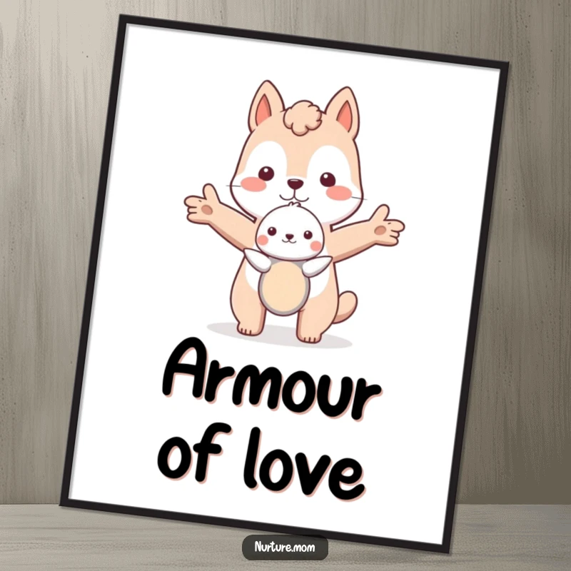 Funny animal protectively embracing a small creature with outstretched arms, depicted in heartwarming digital art for instant download.