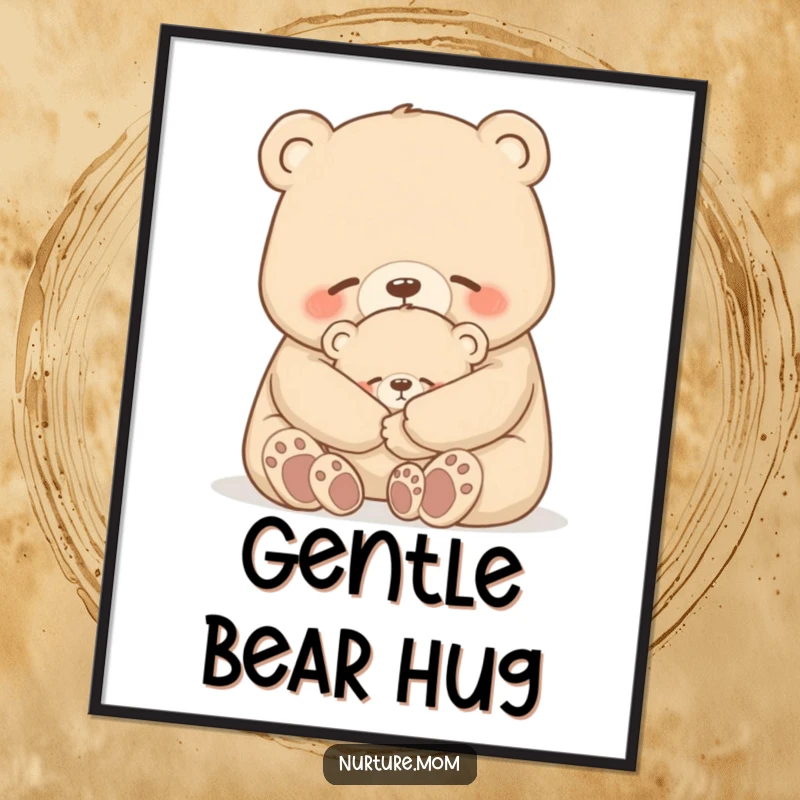 Funny bear digital art print of a mother bear gently hugging her cub, conveying love and tenderness.