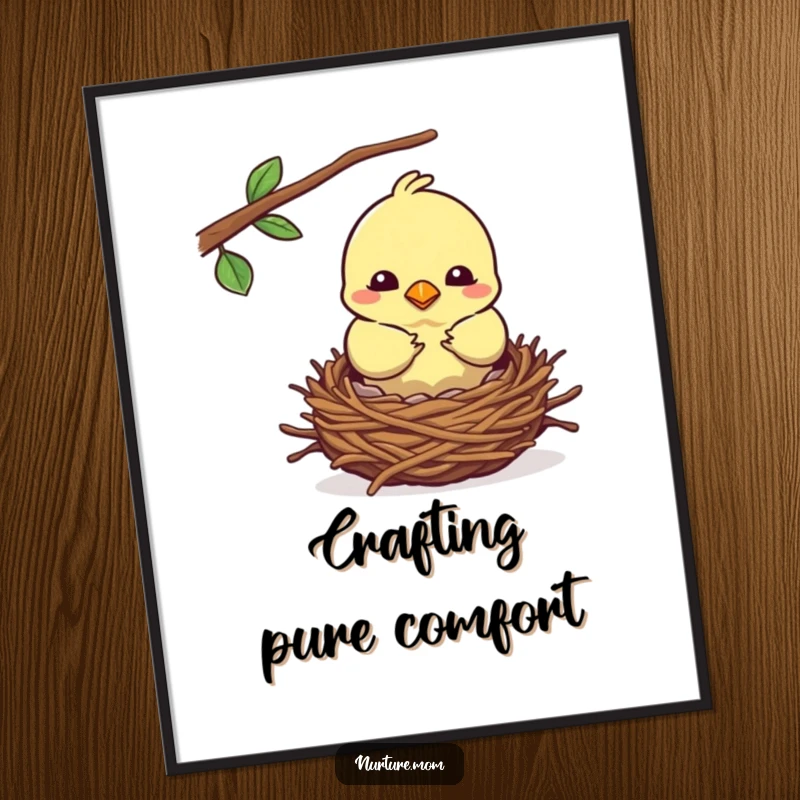 Funny kawaii mother bird building a cozy nest digital art file, ready for printing.