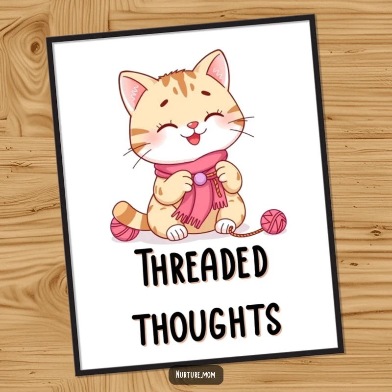 Funny cat knitting digital art print of a smiling cat making a tiny scarf, ideal for instant, cozy wall decor.