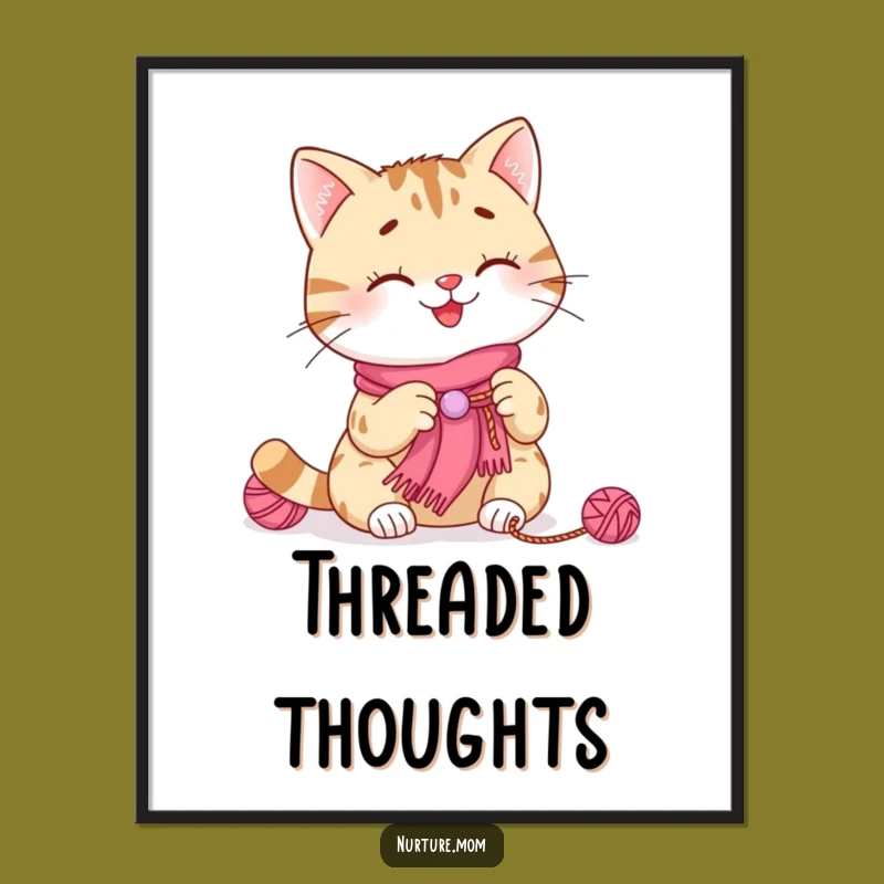 Funny Cat Knitting Digital Art: Smiling Kitty Scarf Print Download
