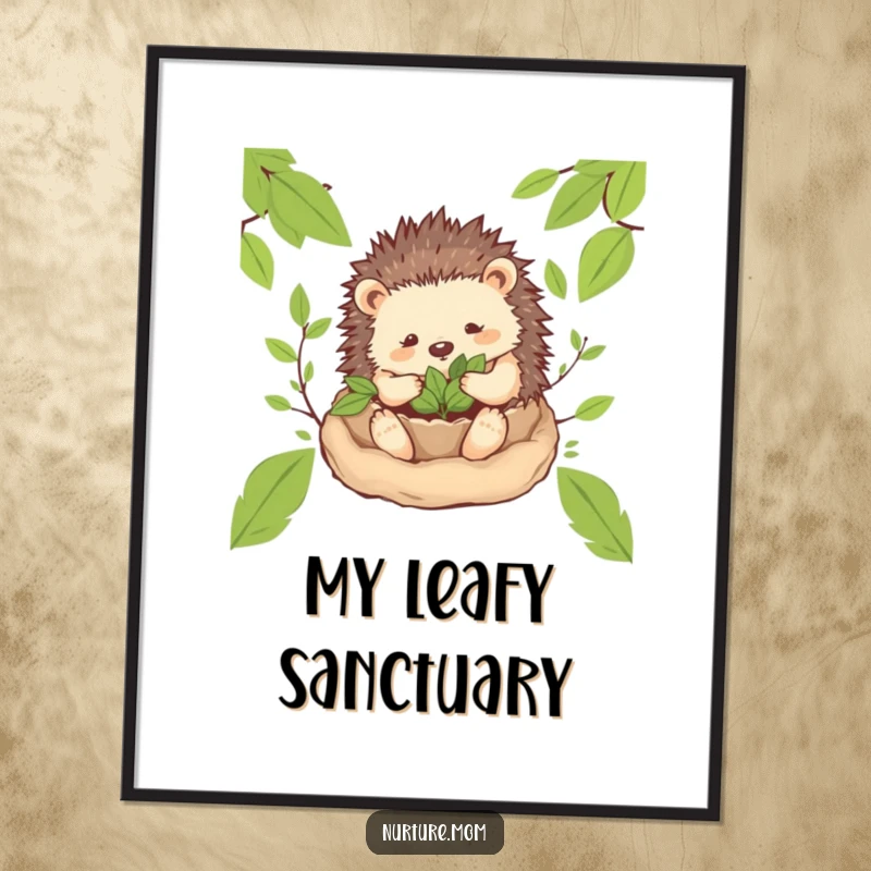 Funny! Digital art print of a gentle hedgehog mom character creating a cozy nest of leaves, perfect for adding cozy woodland humor.