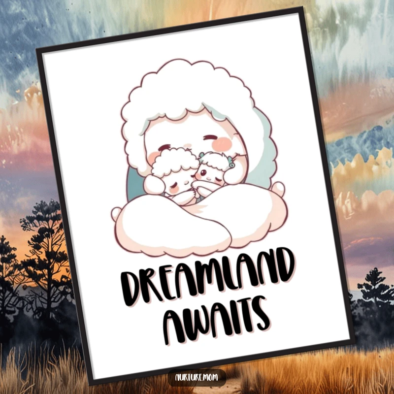 Funny digital art print of a fluffy creature tucking a tiny one into a cozy bed, perfect for nursery decor.