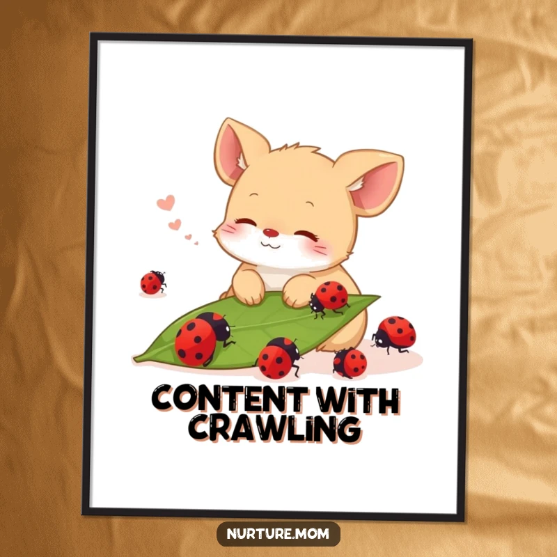 Funny digital art print of a small animal sighing contentedly while watching ladybugs crawl on a leaf, symbolizing peace.